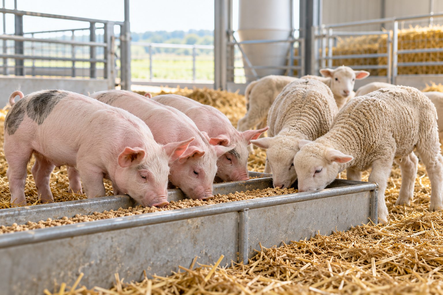 Young pigs and sheep feeding in a clean livestock barn