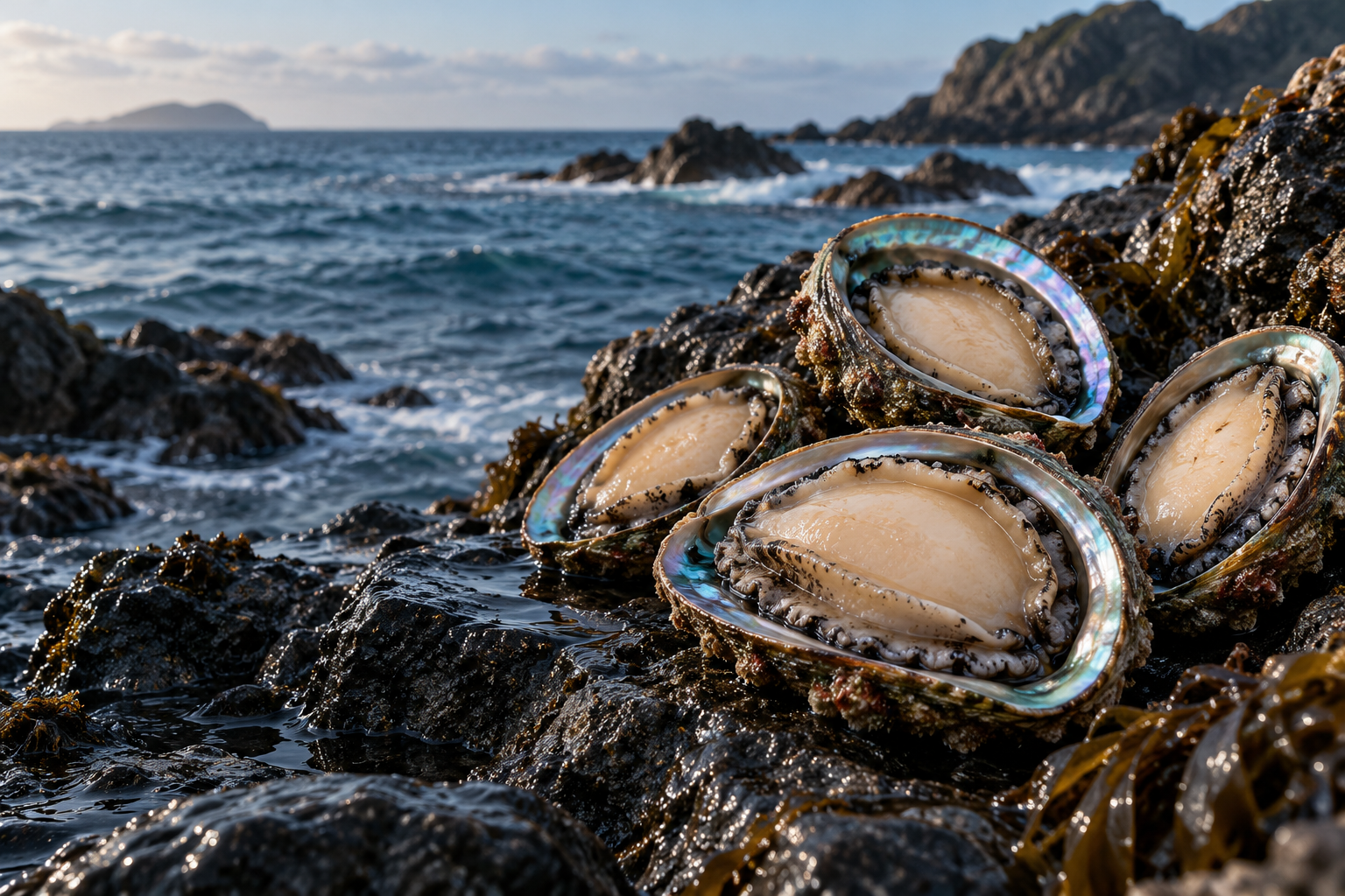 Abalone in its shell on a coastal rock