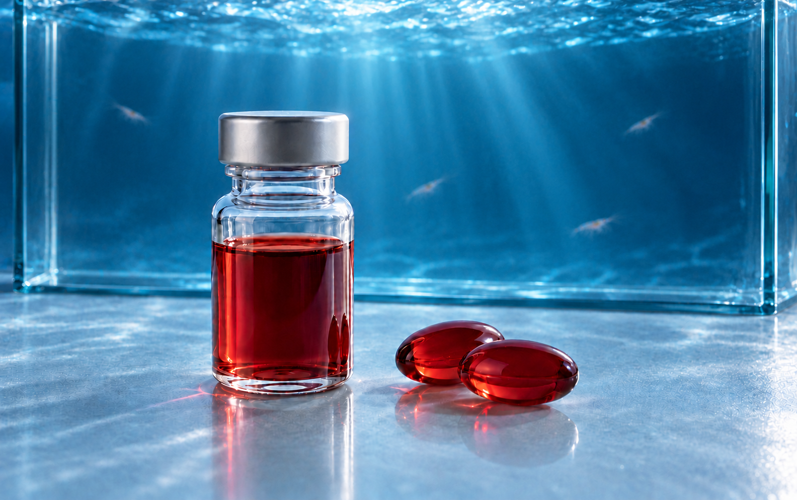 Ruby-red krill oil ampoule and softgel capsules against a dark polar seascape