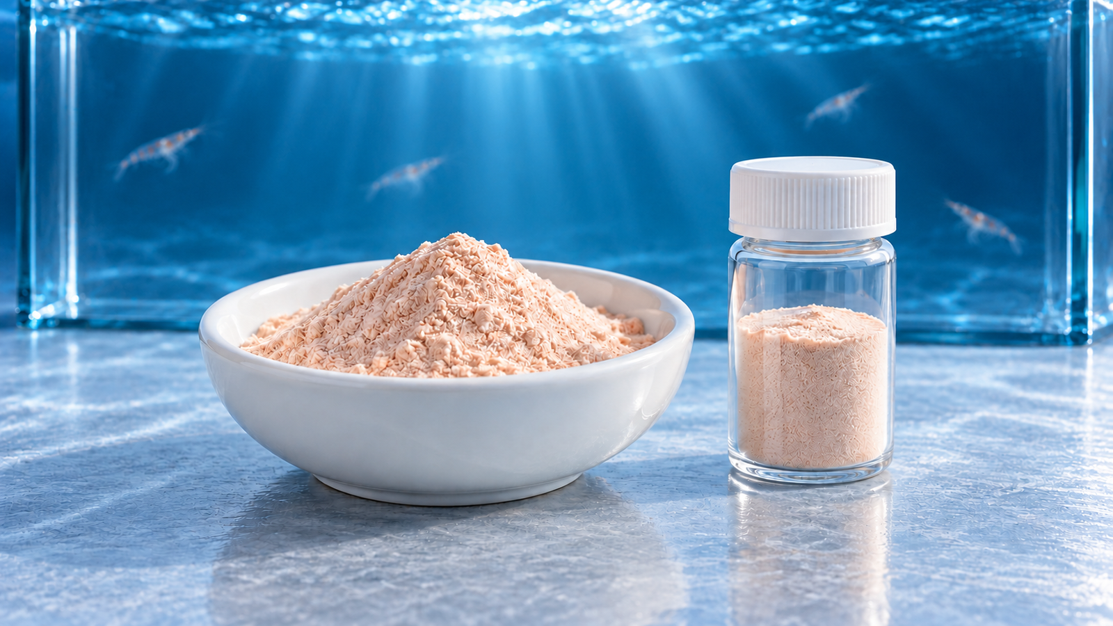Antarctic krill peptide powder in a white dish and sample vial, with krill in the background