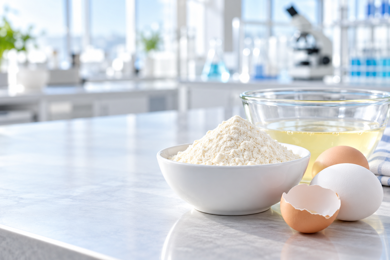 Egg white peptide powder with eggs in a clean food-science setting