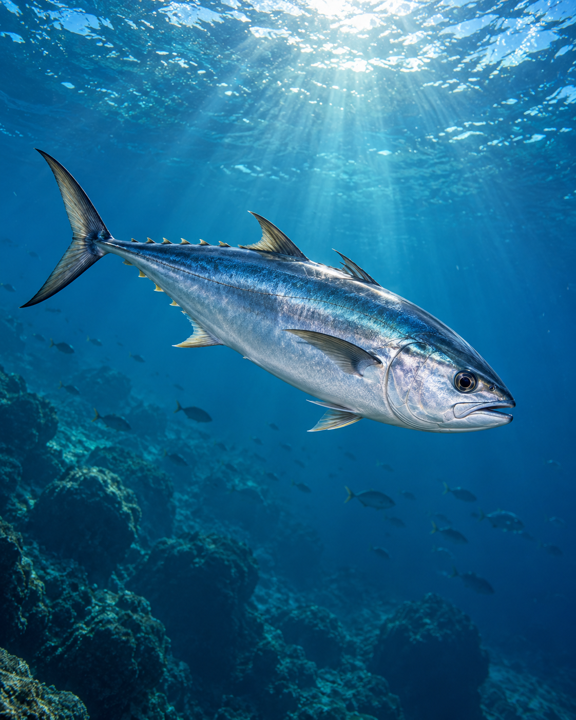 Large marine fish swimming beneath clear blue water