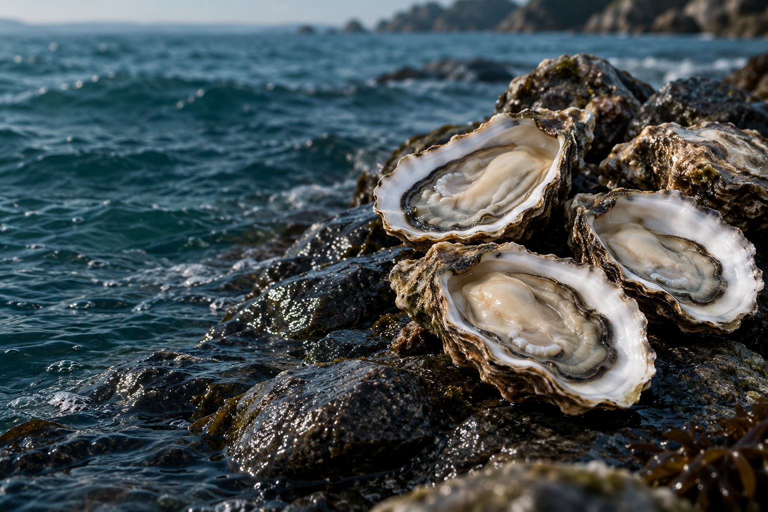 Oysters in open shells on dark coastal rocks beside the sea
