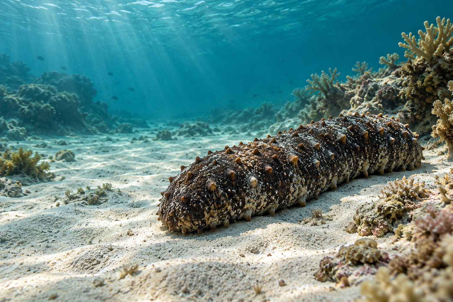 Sea cucumber resting on a sandy seabed