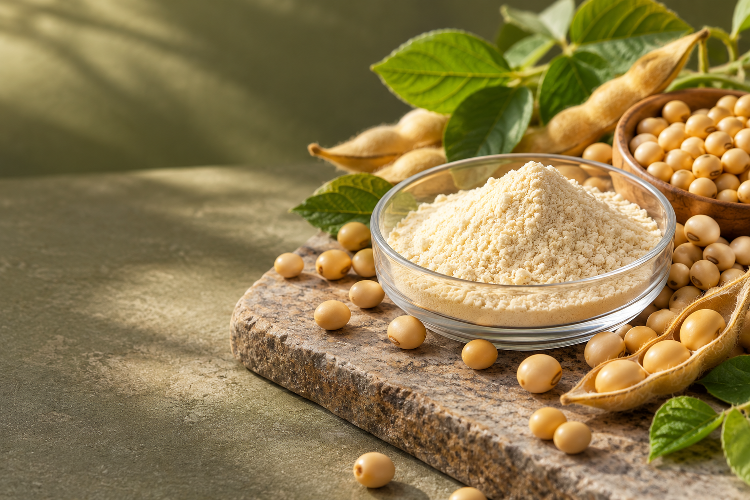 Soybeans and soybean peptide powder in a glass dish