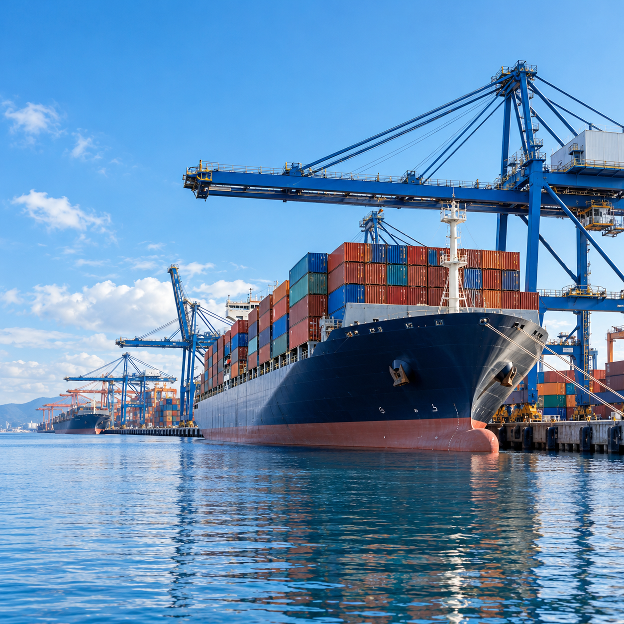 Cargo ship and stacked shipping containers at a modern international port under a bright blue sky