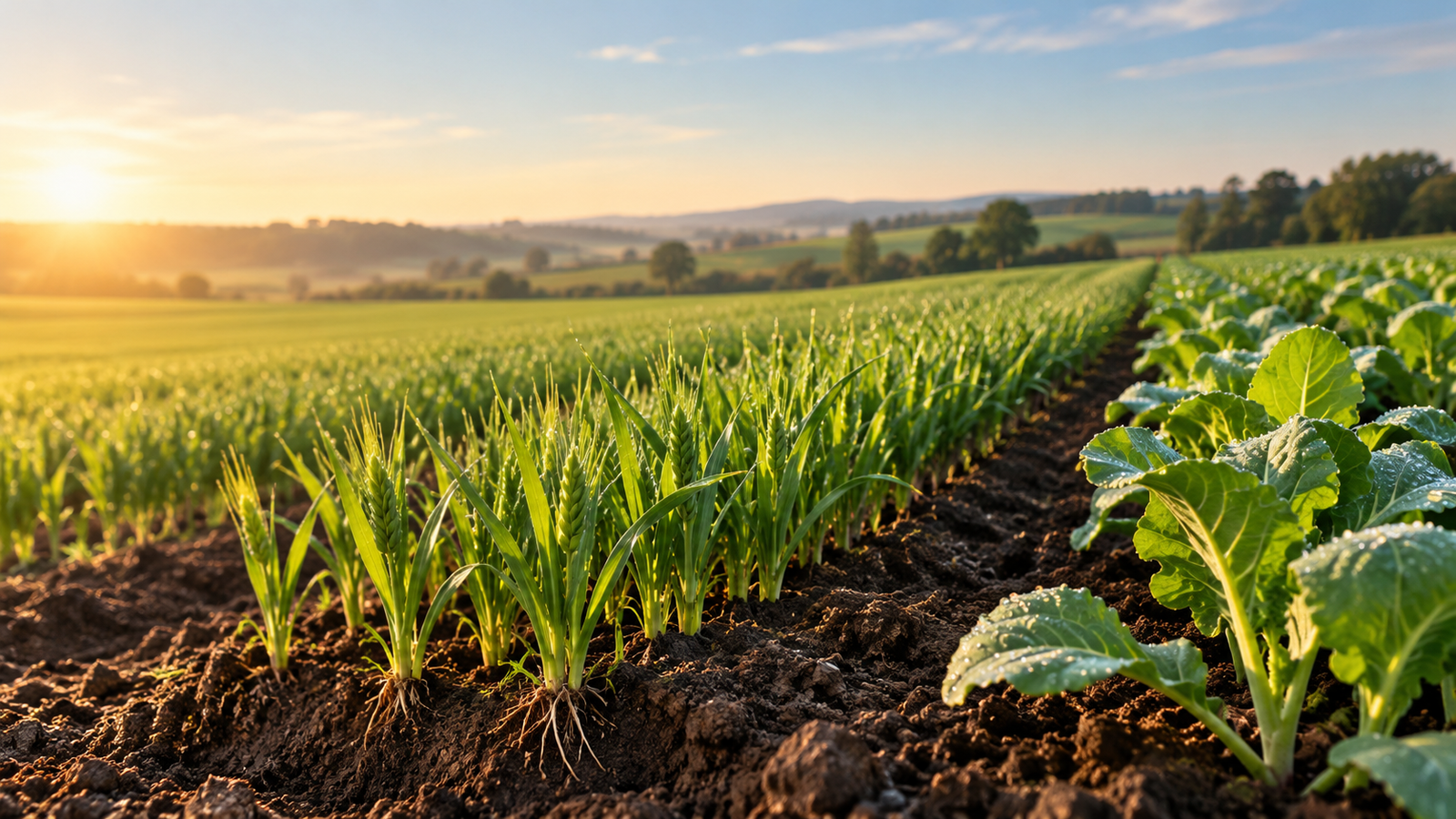 Healthy wheat and vegetable crops growing in rich soil at sunrise