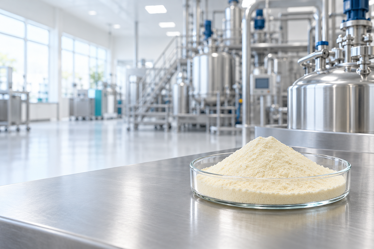 Fine pale-yellow ingredient powder in a clean manufacturing facility