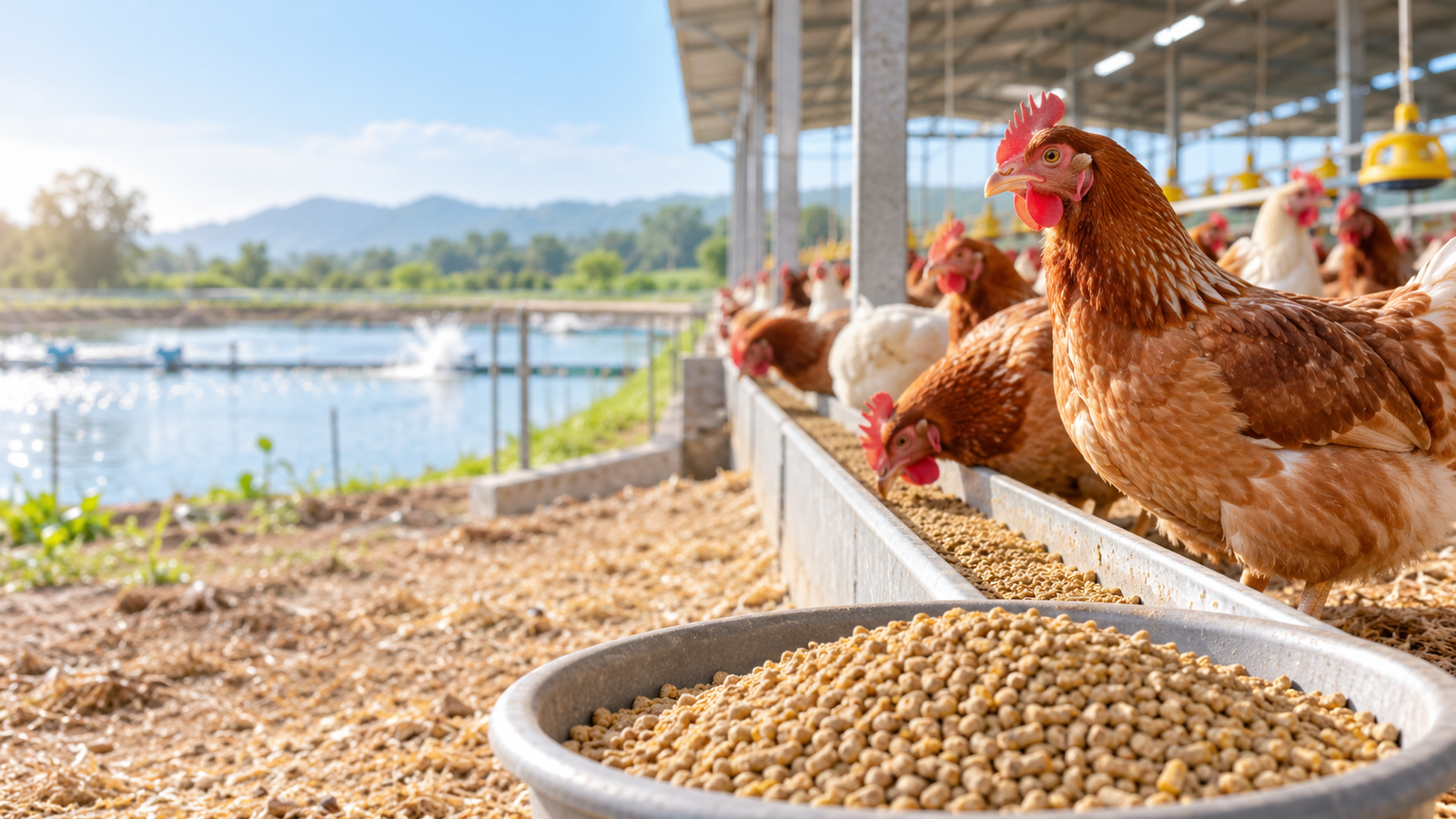 Feed pellets and poultry in a clean animal nutrition setting