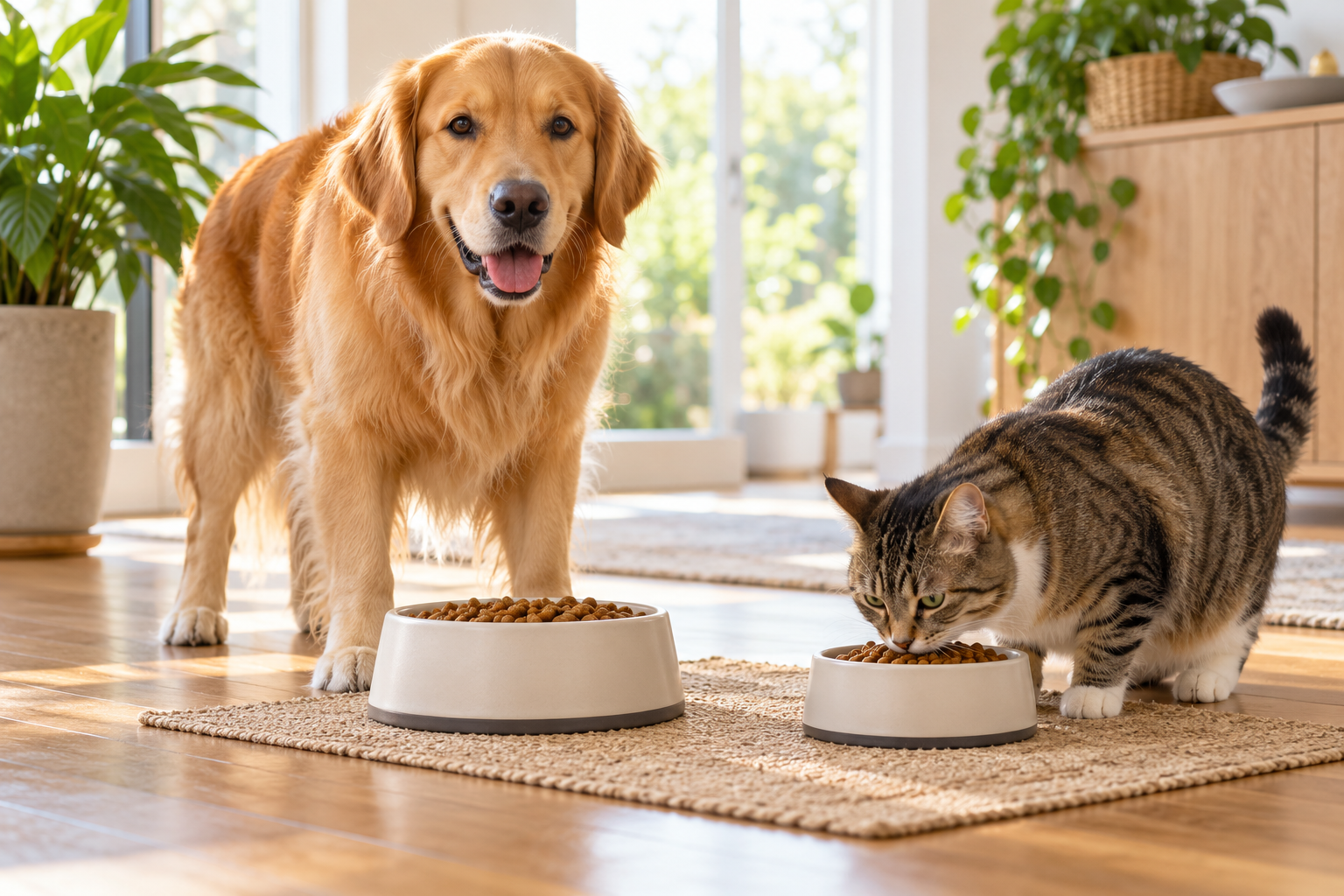 A dog and cat eating from food bowls