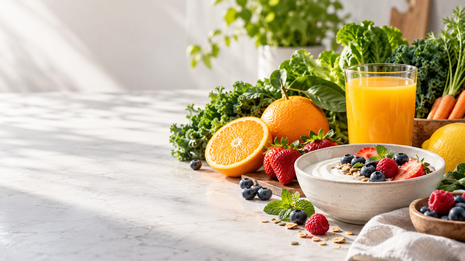 Fresh produce, yogurt and juice representing food applications for COS